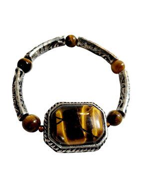 Vtg. Tigers Eye Stretch Bracelet Silver Tone Filigree Links and Gemstone Beads